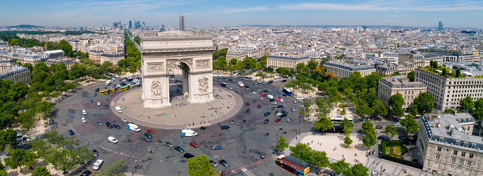 Aerial view of Paris with Arc de Triomphe and Eiffel tower