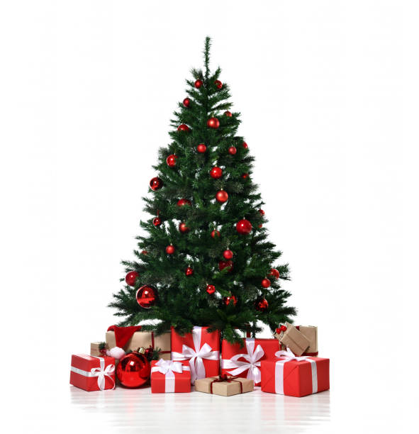 istock Christmas tree decorated with red patchwork ornament artificial balls craft presents for new year 2019 1066389402