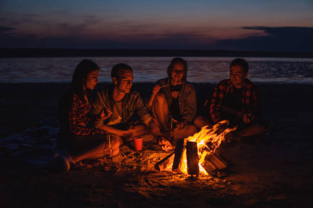 istock young friends have picnic with bonfire on the beach 1066390136