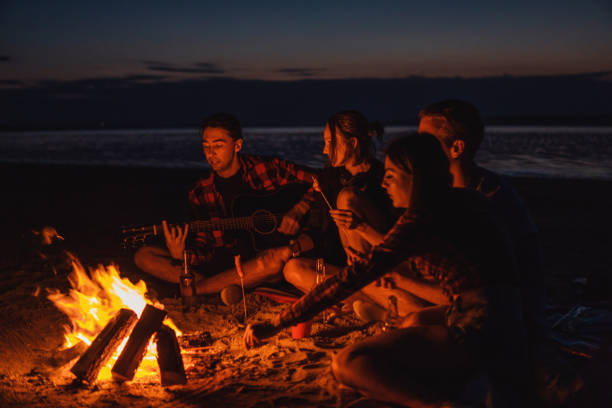 istock young friends have picnic with bonfire on the beach 1066391476