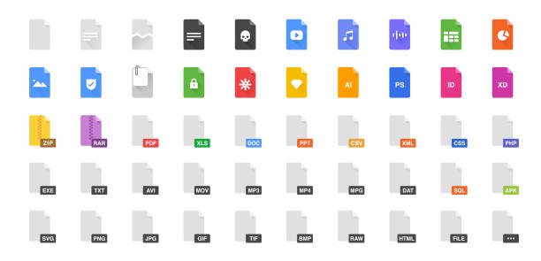 ilustrações, clipart, desenhos animados e ícones de conjunto de ícones de ilustração de vetor de 50 formatos de documento. incluídos os ícones como arquivo, tipos, o tipo de arquivos e muito mais. - pdf symbol document icon set