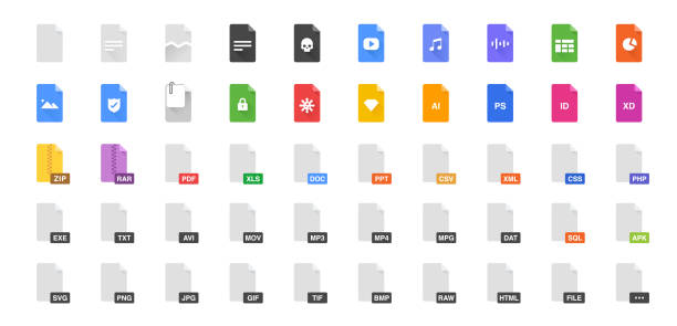 50 Document formats vector illustration icon set. Included the icons as file, types, kind of files and more. 50 Document formats vector illustration icon set. Included the icons as file, types, kind of files and more. desktop pc stock illustrations