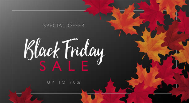 Black Friday sale banner with frame and maple leaves. Vector illustration template. Black Friday sale banner, Vector illustration template for for sale promotion, banner, poster, flyer, leaflet, web banner, social media and graphic use. holiday email templates stock illustrations