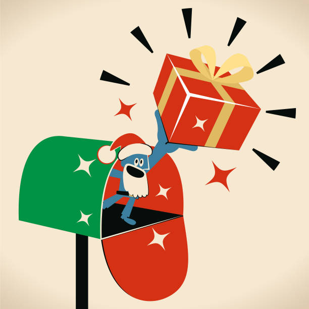 симпатичный санта-клаус, держащий рождественскую подарочную коробку в почтовом ящике - christmas present senior men surprise gift box stock illustrations