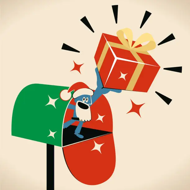 Vector illustration of Cute Santa Claus holding a christmas gift box in a mailbox