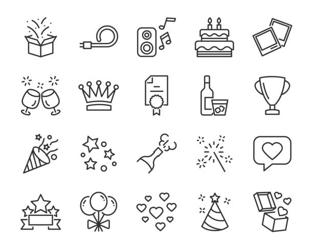 set of celebration icons, such as gift, christmas, party, champagne, event, birthday set of celebration icons, such as gift, christmas, party, champagne, event, birthday happ stock illustrations