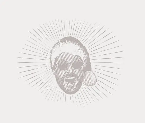 Vector illustration of Happy young Hipster man wearing Santa hat and sunglasses