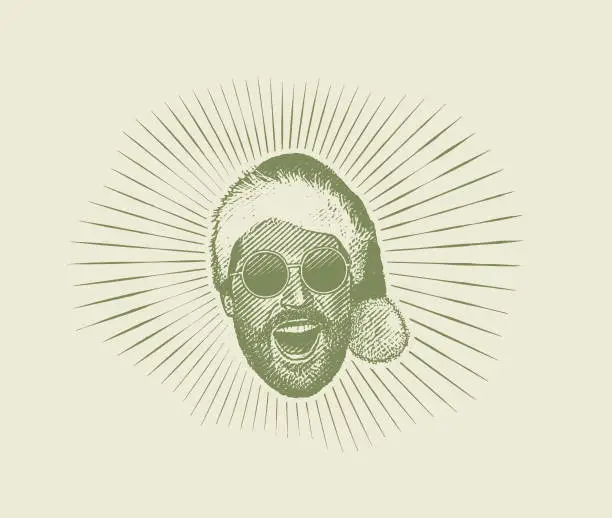 Vector illustration of Happy young Hipster man wearing Santa hat and sunglasses