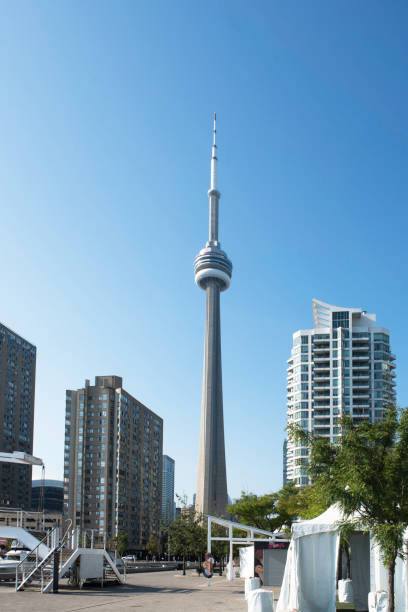 wieża widokowa cn z nabrzeża jeziora ontario. - toronto waterfront commercial dock canada zdjęcia i obrazy z banku zdjęć