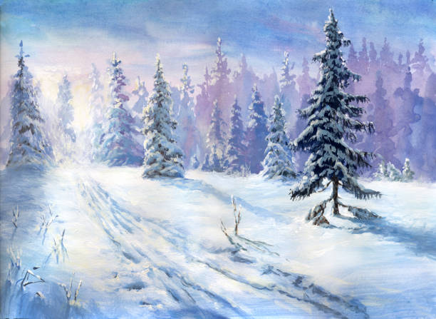 ilustrações, clipart, desenhos animados e ícones de óleo pintado floresta de inverno - christmas winter retro revival landscape