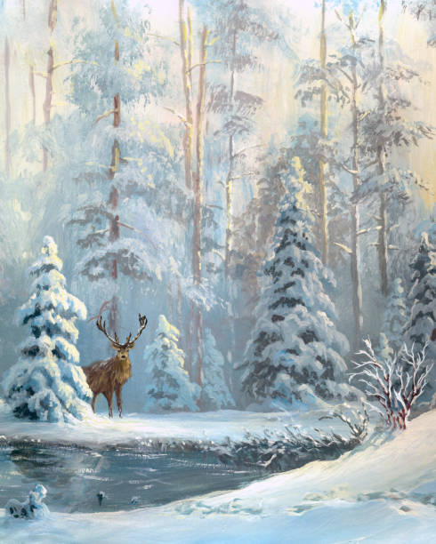 öl gemalt winterwald - wintry landscape stock-grafiken, -clipart, -cartoons und -symbole