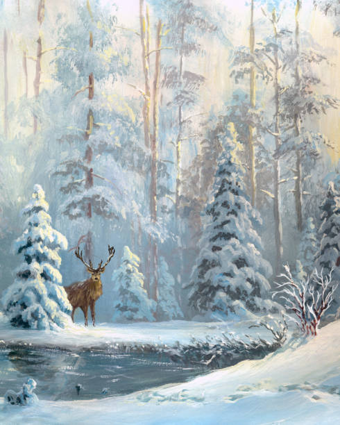겨울 숲을 그린 오일 - 눈 냉동상태의 물 일러스트 stock illustrations