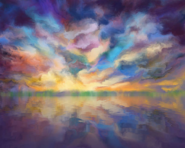 ilustrações de stock, clip art, desenhos animados e ícones de dramatic clouds reflected in the water, painting - sunset sun mountain sunrise