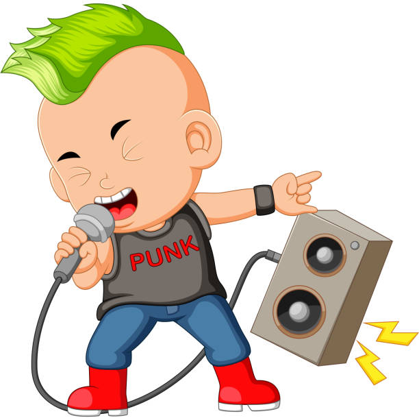 A Boy Dressed as a Rockstar Singing in front of a Loudspeaker illustration of A Boy Dressed as a Rockstar Singing in front of a Loudspeaker mohawk stock illustrations