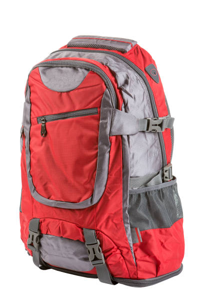 istock red backpack medium size for a hike and for travel, on a white background, isolate 1066456034