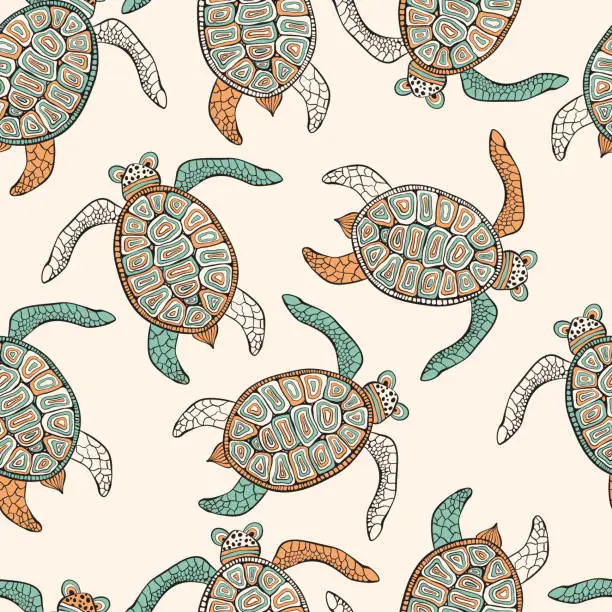 Vector illustration of Vector Seamless Ethnic Pattern with Turtles