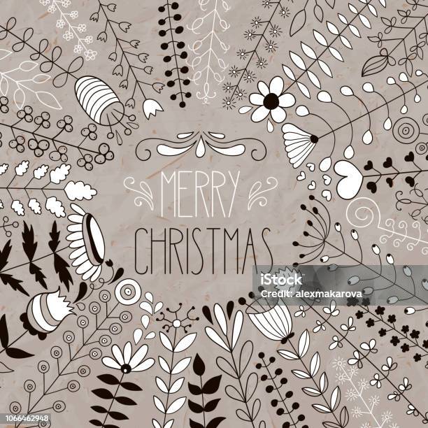 Vector Merry Christmas Floral Greeting Stock Illustration - Download Image Now - 2018, Backgrounds, Black Color