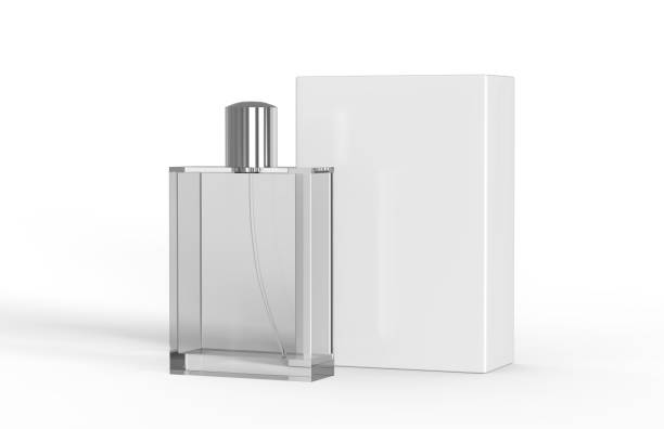 Perfume bottle and packaging box on isolated white background, ready for your design presentation,  3d illustration