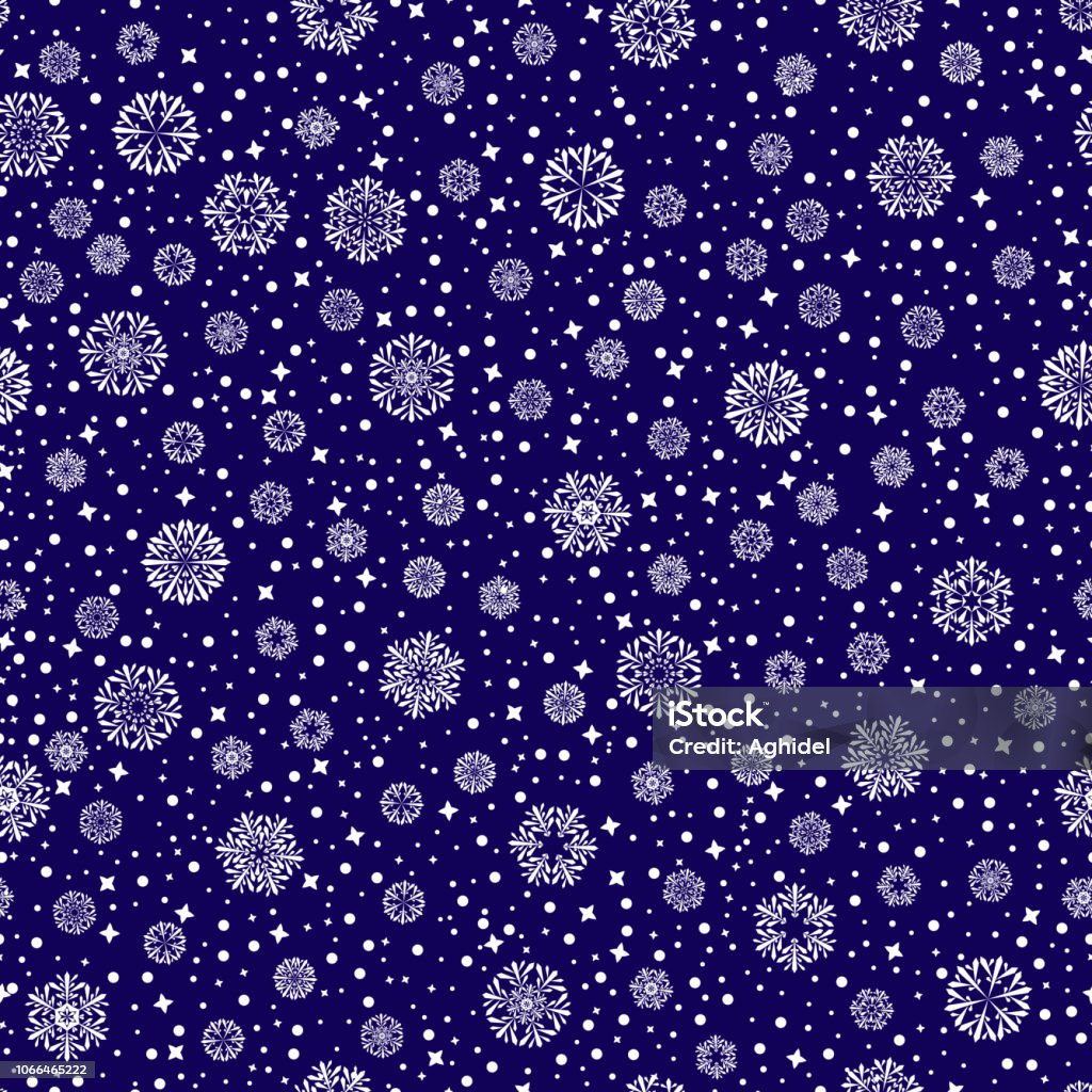 white snowflakes on dark blue background. vector seamless pattern. winter snow illustration. textile paint. repetitive background. fabric swatch. wrapping paper white snowflakes dots and stars on dark blue background. vector seamless pattern. winter snow illustration. textile paint. repetitive background. fabric swatch. wrapping paper Abstract stock vector