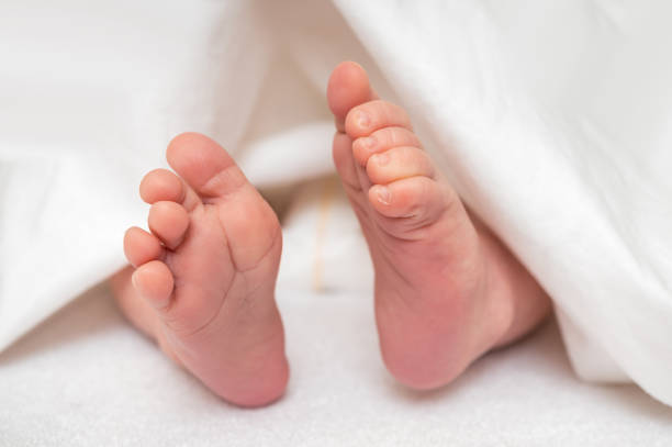 istock Newborn baby feet in bed under white blanket 1066472154