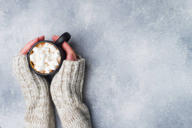 Female hands holding a mug with hot chocolate and marshmallows on a gray background with copy space. The concept of Christmas and New Year.