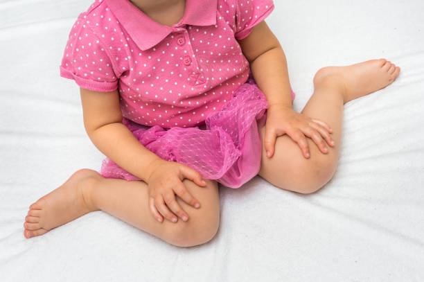 Child sitting in bad position, which is called W-sitting stock photo
