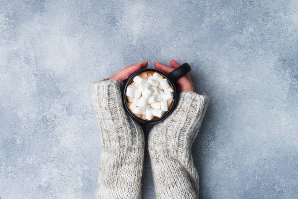 istock Female hands holding a mug with hot chocolate and marshmallows on a gray background with copy space. The concept of Christmas and New Year. 1066475164