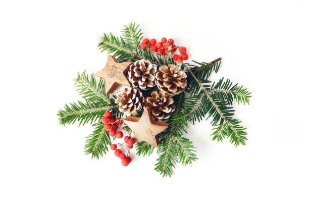istock Christmas festive styled composition. Winter floral arrangement. Pine cones, fir tree branches, red rowan berries and wooden stars and on white table background. Flat lay, top view. 1066479152