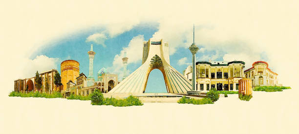 panoramic water colour style tehran city panoramic water colour style illustrated tehran city artwork tehran stock illustrations