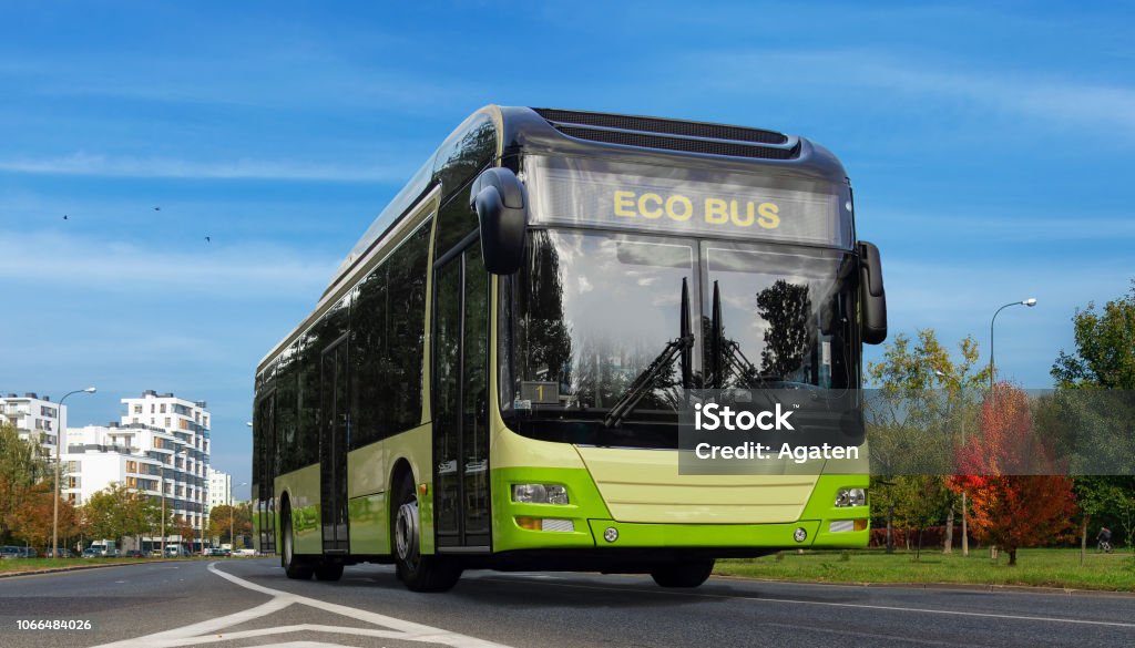 Ilustración de autobús eléctrico. Concepto de ecología urbana verde. - Foto de stock de Autobús libre de derechos