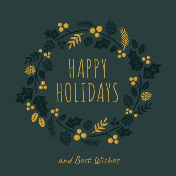 Vector illustration of Christmas Card with wreath. Black background.