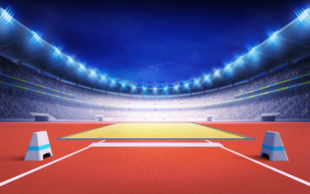 athletics stadium with long and triple jump post - sports track track and field stadium sport night imagens e fotografias de stock