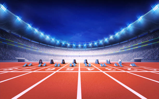 istock athletics stadium with race track with starting blocks front view 1066490012