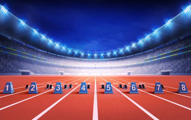 athletics stadium with race track with starting blocks