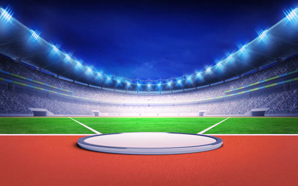 istock athletics stadium with shot put, discus and hammer throw 1066490148