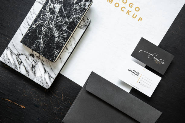 Black and white set of printed material mockups Black and white set of printed material mockups business card photos stock pictures, royalty-free photos & images