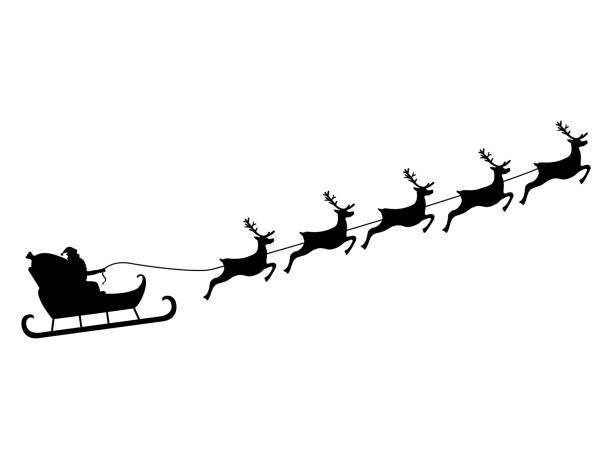bildbanksillustrationer, clip art samt tecknat material och ikoner med jultomten rider i en släde i sele på renen - santa claus