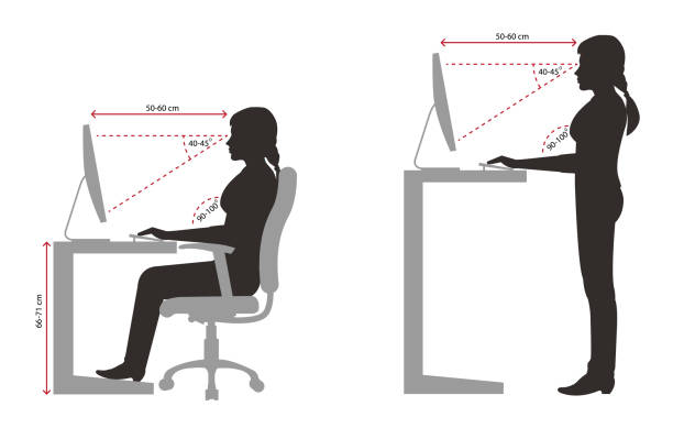 ergonomie frau silhouette richtiges sitzen und stehen körperhaltung bei verwendung eines computers - gute haltung stock-grafiken, -clipart, -cartoons und -symbole