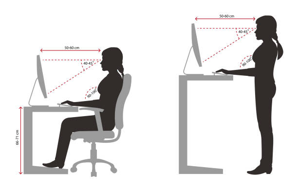 illustrazioni stock, clip art, cartoni animati e icone di tendenza di ergonomia donna silhouette corretta posizione seduta e in piedi quando si utilizza un computer - posizione corretta