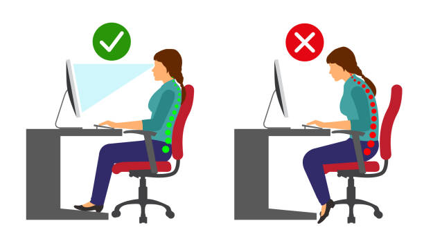 ilustraciones, imágenes clip art, dibujos animados e iconos de stock de ergonomía - postura sentada correctas e incorrectas al usar una computadora - sitting upright