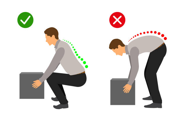 Correct posture to lift a heavy object, Man lifting object Correct posture to lift a heavy object, Man lifting object ergonomics stock illustrations