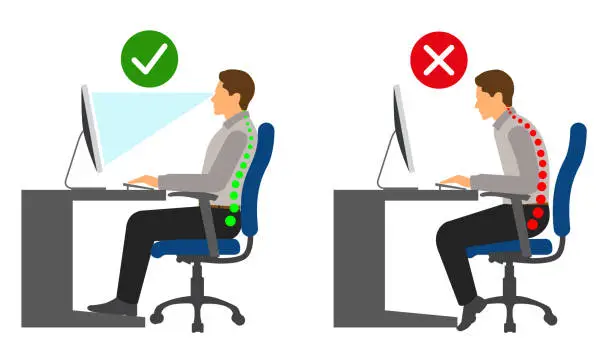 Vector illustration of Ergonomics - Correct and incorrect sitting posture when using a computer