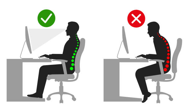 ilustraciones, imágenes clip art, dibujos animados e iconos de stock de la postura correcta sentado y de pie cuando se utiliza una silueta de computadora - sitting upright