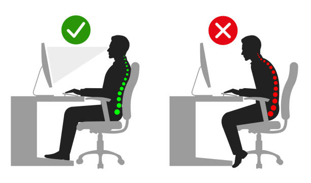 正しい座位とコンピューターのシルエットを使用するときの姿勢 - sitting upright点のイラスト素材／クリップアート素材／マンガ素材／アイコン素材