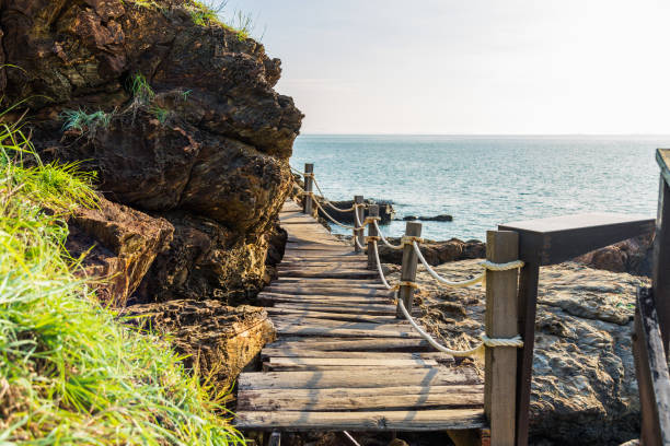 istock An old wooden bridge along coast with morning light. 1066497458