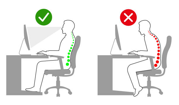 正しく座って、立っている姿勢をコンピューターのライン描画を使用する場合 - sitting upright点のイラスト素材／クリップアート素材／マンガ素材／アイコン素材