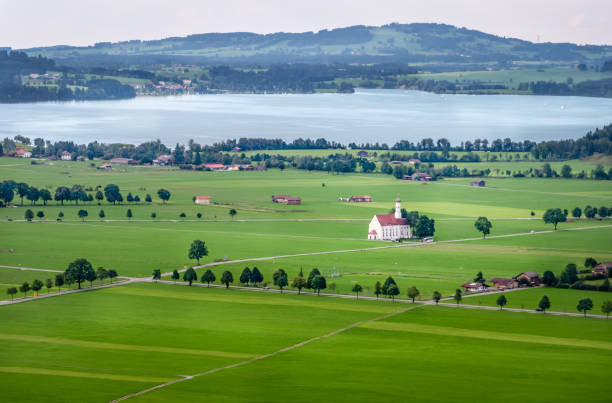 View of the Forggensee lake and surroundings from the Neuschwanstein Castle in Hohenschwangau, Bavaria, Germany
