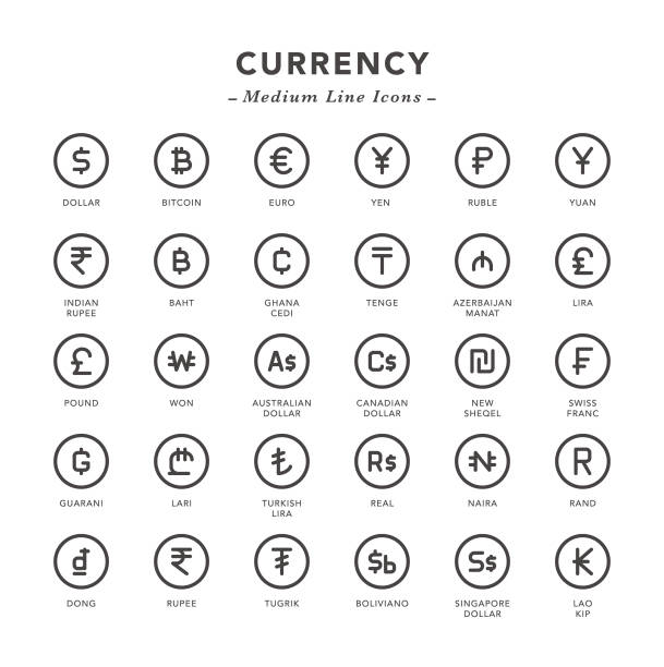 Currency - Medium Line Icons Currency - Medium Line Icons - Vector EPS 10 File, Pixel Perfect 30 Icons. rupee coin stock illustrations