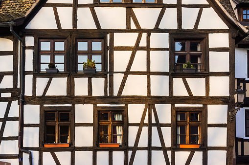 Facade of an old medieval half-timbered house in Strasbourg, France