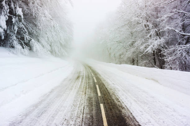 istock Snowy and icy road in winter through forest 1066508622